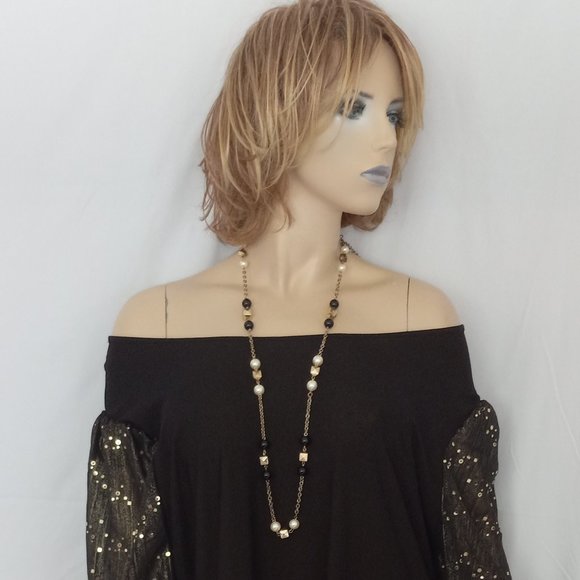 CHIC & NEW! A LOVE STORY Black Gold Polka Dot Puff Sleeve Off-Shoulder Top Sz 2X - Picture 5 of 8